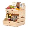 Stackable Wooden Storage Baskets, 2 Piece Kitchen Counter Organizer with Handles, Produce Basket for Fruits, Vegetables, Potatoes, Onions, Snacks and Pantry Organization