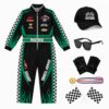 Stadget 6Pcs Race Car Driver Costume Racer Outfit Racing Jumpsuit Hat Sunglasses Gloves Flag Medal Halloween Cosplay Suit，Green：9-10Y