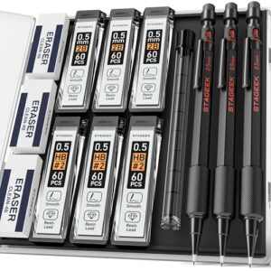 STAGEEK 0.5mm Mechanical Pencil Set, 3PCS Metal Mechanical Pencils 0.5mm with 6 Tubes HB & 2B Lead Refills, Erasers, Weatherproof Artist Pencils with Case for Outdoor Writing Drafting Drawing