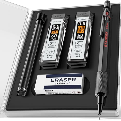 STAGEEK Mechanical Pencils 0.5 with Case, Metal Weatherproof Body Outdoor Artist Mechanical Pencil with 120 PCS HB & 2B Lead Refills, Eraser, for Writing Drafting Drawing and Sketching