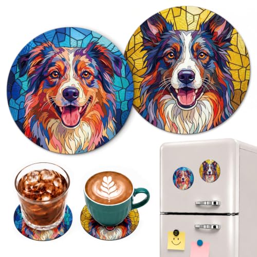 Stained Glass Shepherd Dog Funny Round Magnetic Coaster Set of 2 Doubles as Fridge Magnets, for The Office Desks Home Kitchen Coffee Tea Table, Birthday Housewarming Gifts for Friend Coworker Familys