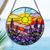 Stained Glass Window Hanging Suncatcher Decor,Round Window Ornament Gift (Lavender Sun, 20CM)