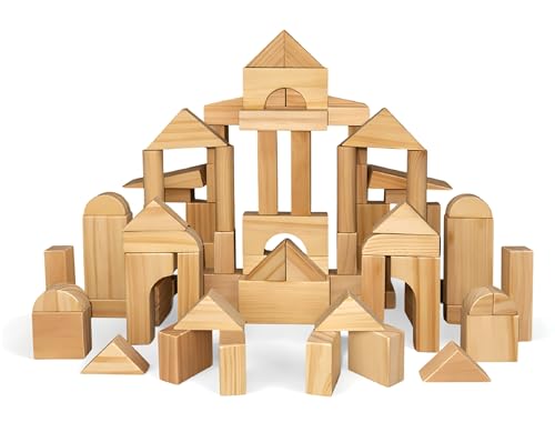 Standard Unit Building Blocks for Toddlers with Storage Tray (64 Pcs) Sanded Wood Blocks for Children, Original STEAM, and STEM Learning, Classic Wooden Toys for Kids Parties and Classrooms