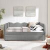 Star20XX Full Size Daybed, Daybed with Storage, Linen Fabric Sofa Bed with USB Port, 2 Drawers, Gingham Upholstered Bed Frame, Wavy Back, No Box Spring Needed