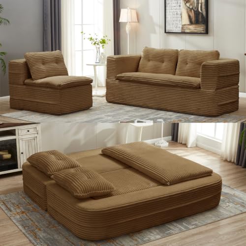 Star20XX Sectional Sofa Bed, Convertible Sofa Bed, Plush Sofa Couch, 80 Inch Sleeper with Independent Chaise Lounge, 3 Pillows, Convertible Blanket, No Assembly Required, Camel