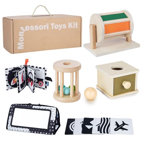 Starrykids Montessori Toys for Babies 0-6 Months, 6 in 1 Learning Educational Set for Newborn, Toddlers Gifts Includes Spinning Drum, Object Permanence Box, Baby Roller Tummy Time Mirror and More