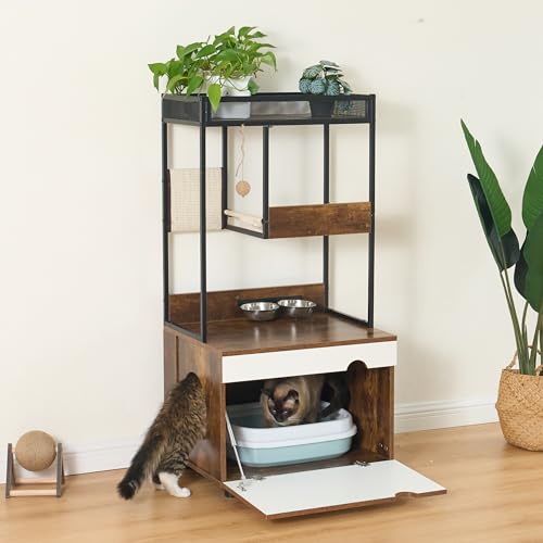 STARVELA Cat Litter Box Enclosure Cabinet with Cat Tree Tower, Hidden Cat Washroom Furniture, Industrial Wooden Cat House with Multi-Level Perch & Storage Shelves for Indoor Cats