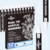 STATIONERY ISLAND 12PCS White Acrylic Paint Markers, White Paint Pens Dual Tip with 1mm Fine Tip & 1-5mm Brush Tip, Water Based Acrylic Markers for Rock Painting, Wood, Glass, Ceramic, Canvas, Fabric