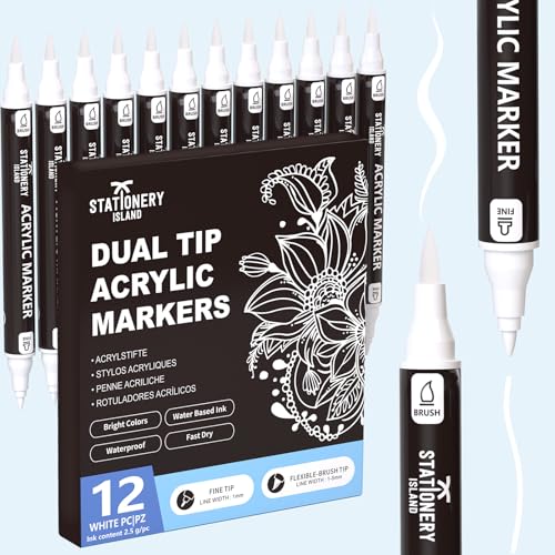 STATIONERY ISLAND 12PCS White Acrylic Paint Markers, White Paint Pens Dual Tip with 1mm Fine Tip & 1-5mm Brush Tip, Water Based Acrylic Markers for Rock Painting, Wood, Glass, Ceramic, Canvas, Fabric