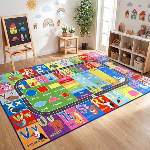 ST. BRIDGE Educational Kids Area Rug 7x10 Feet, Non Slip Play Mat Learning with ABC Alphabet & Animals for Preschool Toddler, Soft Washable Carpet for Playroom Nursery Classroom, Multi Color
