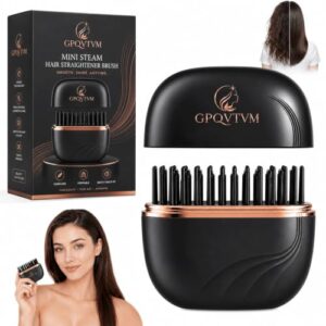 Steam Hair Straightener Brush Mini for Cordless Travel Portable Curling Cepillo Iron De Vapor para el Cabello Small Women Con Flat Size Styling Tools Appliances Comb Heated Rechargeable (Black)