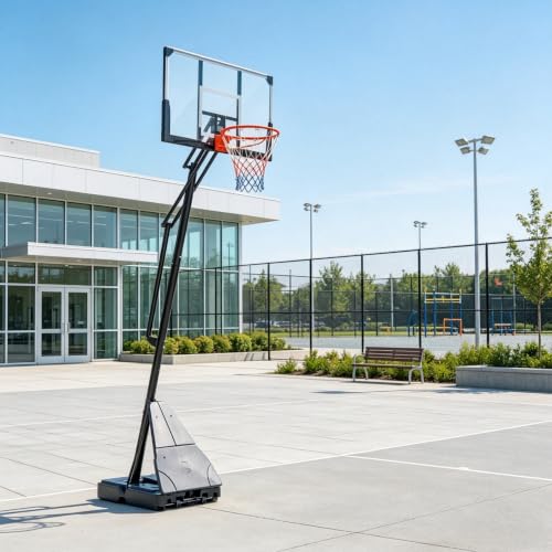 Steel PC Nylon Adjustable Basketball Hoop, 8-10ft Hand Crank Lift Portable Basketball Goal with Shatterproof Backboard Automatic Ball Return Fillable Base Wheels for Court Training