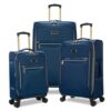 Stella Blanc Cleo 3-Piece Softside Expandable Luggage Set, Lightweight Nylon Spinner Suitcases with 360° Double Spinner Wheels, Quilted Design, Gold Trim, Carry-On, Medium & Large, Black (Navy)