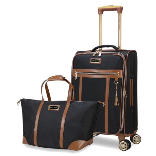 Stella Blanc Luxe 2-Piece Softside Carry-On Luggage Set with Travel Tote, Lightweight Expandable Spinner Suitcase, Water-Resistant Polyester, 8-Wheel 360° Spinner Wheels, Black