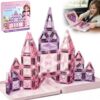 STEM MATCH Magnetic Tiles Girls Travel Toy: 42 PCS Pink Glitter Building Blocks Castle Tin Box - 120 Mins Quiet Play 60s Cleanup - Toddler Kids Gift Age 3 4 5 6