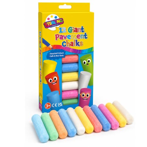 STERLING PRODUCTS 12 Giant Pavement Chalks – Non-Toxic Washable Sidewalk Chalk for Kids, Vibrant Assorted Colours, Creative Outdoor Art Play for Driveways, Playgrounds, and Pavements (10cm Length)