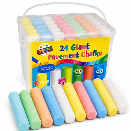 STERLING PRODUCTS 24 Giant Pavement Chalks – Non-Toxic Washable Sidewalk Chalk for Kids, Vibrant Assorted Colours, Creative Outdoor Art Play for Driveways, Playgrounds, and Pavements (10cm Length)