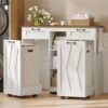 STHYTON Laundry Hamper Cabinet, Removable Laundry Baskets on Wheels, Wooden Hidden Trash Can Cabinet with 2 Drawers and 3 Open Compartments, for Laundry Room, Living Room, Kitchen, White and Walnut