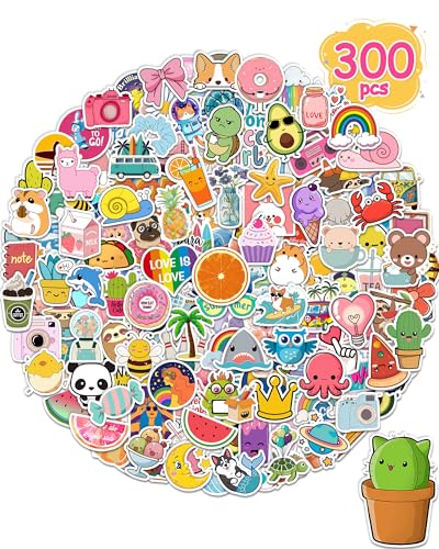 Stickers for Water Bottles, 300 Pcs/Pack Cute Vinyl Waterproof Laptop Sticker for School Students Gifts Supplies Classroom Teachers Prizes Stocking Stuffers Stickers for Kids Girls Teens