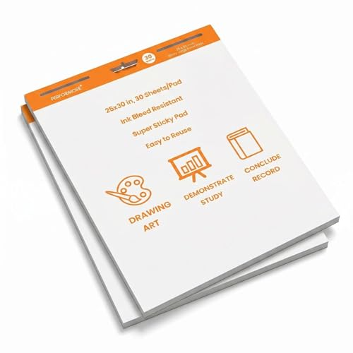 Sticky Easel Pad 25 x 30 Inches, 2 Pack Self Adhesive Flip Chart Paper, Bleed Resistant Large Presentation Pad, Portable Stick On Whiteboard Sheets for Office, Classroom & Meetings