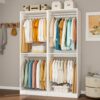 Stilar Closet System with 6 Hanging Rods& Shelf, 4FT Small Closet Organizer System Wood with Extra Side Hanging Rod for Walk in Closet Storage, Modular Closet Systems, White(4FT)