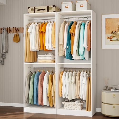 Stilar Closet System with 6 Hanging Rods& Shelf, 4FT Small Closet Organizer System Wood with Extra Side Hanging Rod for Walk in Closet Storage, Modular Closet Systems, White(4FT)