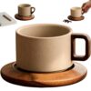 Stoneware Mug Set for Pour Over Geometric Handle, Wabi‑Sabi Ceramic Coffee Mug Set with Wooden Coaster, Calm Home & Office Drinkware, Rustic Terracotta, styleC