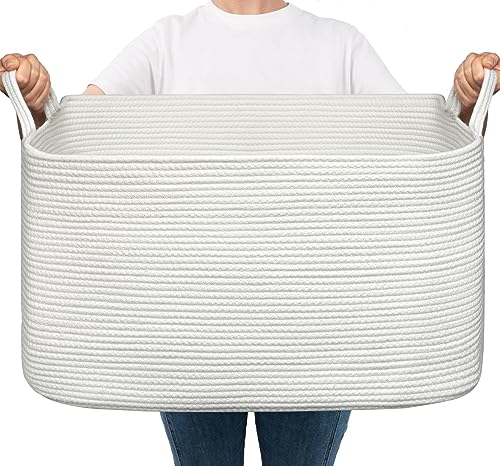 Storage Basket, Large Blanket Basket, Washing Basket for Laundry, Dirty Clothes Basket for Living Room, Nursery, Bedroom, Woven Rope Storage Basket for Blankets, Toys, 55x38x30 cm, 65L, White