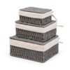 Storage Baskets with Lids Set of 3, Nesting Woven Wicker Baskets, Decorative Lidded Baskets for Shelves, Bedroom, Bathroom, Closet, Gift Set – Grey