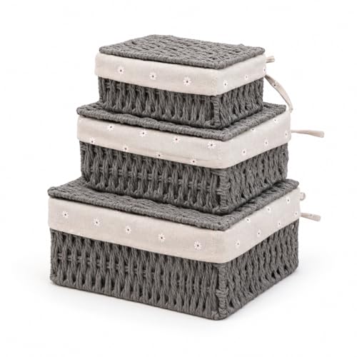 Storage Baskets with Lids Set of 3, Nesting Woven Wicker Baskets, Decorative Lidded Baskets for Shelves, Bedroom, Bathroom, Closet, Gift Set – Grey