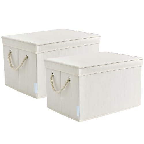Storage Bins with Lids, 34L Fabric Storage Basket with Cotton Rope Handles, Collapsible Closet Organizer Bin, Heavy Duty Polyester Storage Box for Shelves, Bedroom, Nursery, Living Room, 2 Pack Ivory
