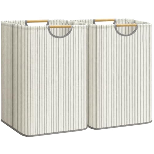 STORAGE MANIAC 2-Pack Large Laundry Hamper, 100L (26.4 Gal) Collapsible Laundry Basket with Bamboo Handles, Freestanding Waterproof Clothes Hamper for Laundry Room, Bedroom, Dorm, Towels, Stripe