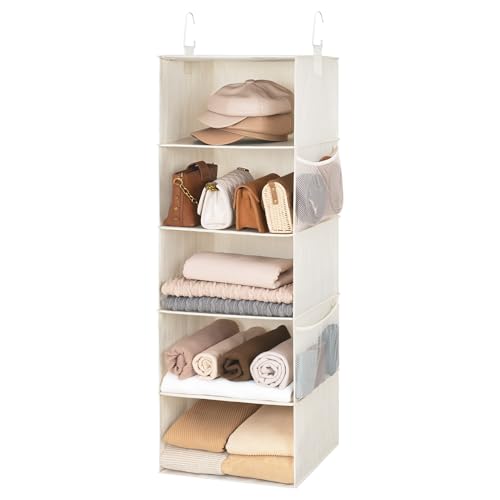 StorageWorks Hanging Closet Organizer, 5-Shelf Hanging Shelves with 2 Hooks, Foldable Space-Saving Design, Closet Organizers and Storage for Bedroom, Dorm, Locker, White & Ivory