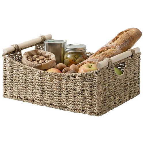 StorageWorks Large Wicker Baskets for Organizing, Seagrass Storage Baskets with Handles, Woven Baskets for Pantry Storage, 15" x 11" x 6¾", 1-Pack