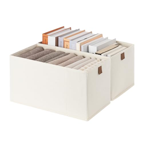 StorageWorks Narrow Storage Baskets for Shelves, Small Storage Bins, Fabric Storage Bins with PU Handle, Ideal for Clothes, Underwear, and Diapers, Beige, 2-Pack