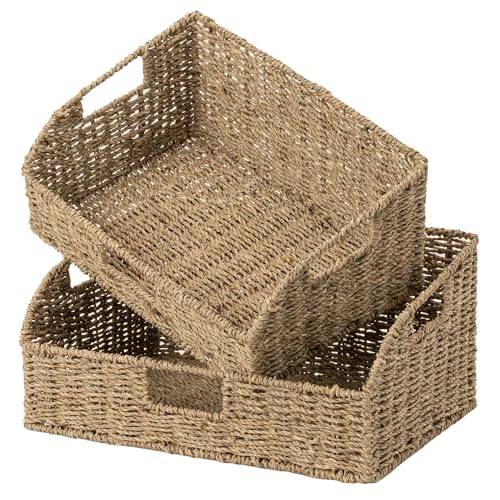 StorageWorks Pantry Baskets for Organizing, Seagrass Storage Baskets for Shelves with Built-in Handles, Pantry Organizers and Storage, Set of 2 (Large and Medium)