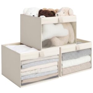 StorageWorks Storage Bins with Clear Window, Large Fabric Closet Organizer for Clothes, Collapsible Storage Baskets with PU Handles, Beige, 3-Pack