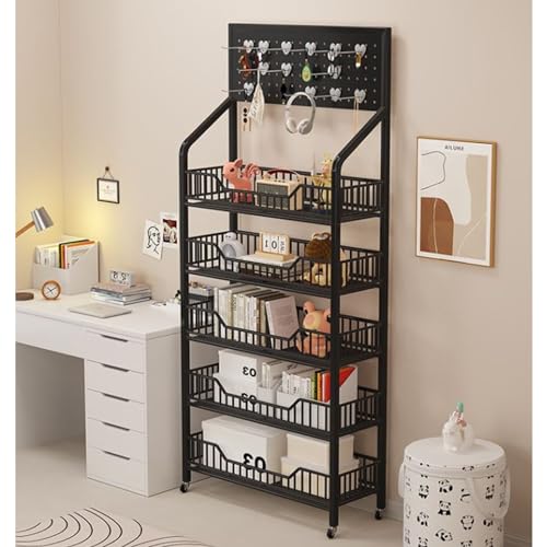Store Display Rack Wall Mounted Storage Rack,Large 5-Tier Snack Display Rack Organizer, Floor-Standing Supermarket Shelf with 15 Hooks, Black and White, for Store Kitchen Retail Display, Toy