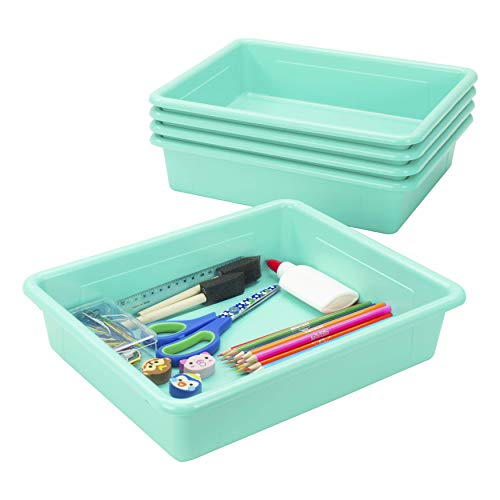 Storex Letter Size Flat Storage Tray – Organizer Bin for Classroom, Office and Home, Teal, 5-Pack (62522A05C), 10 x 13 x 3 Inches