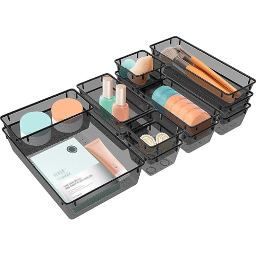 StorMiracle 13 PCS Clear Plastic Drawer Organizers Set, 4 Size Desk Drawer Organizer Trays for Makeup, Jewelry, Kitchen Utensils, Gadgets and Office Accessories, Black
