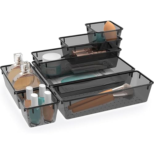 StorMiracle 7 PCS Clear Plastic Drawer Organizers Set, 4 Size Desk Drawer Organizer Trays for Makeup, Jewelry, Kitchen Utensils, Gadgets and Office Accessories, Black