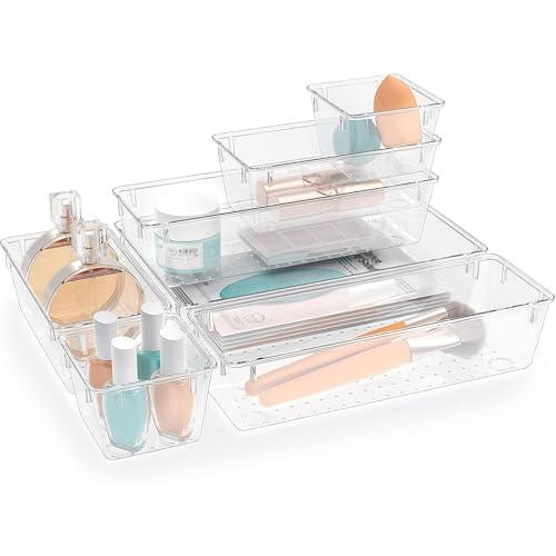 StorMiracle 7 PCS Clear Plastic Drawer Organizers Set, 4 Size Desk Drawer Organizer Trays for Makeup, Jewelry, Kitchen Utensils, Gadgets and Office Accessories