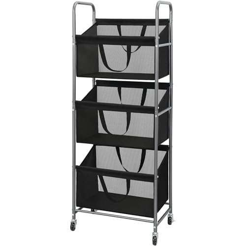 STO STO 3-Tier Vertical Laundry Hamper with Wheels, 120L Rolling Laundry Sorter with 3 Removable Breathable Mesh Bags, Rust-Resistant Steel Frame for Small Spaces, Apartment, Dorm, Black Mesh