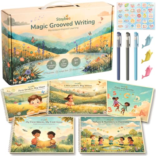 Stoybee Magic Grooved Writing Practice for kids | Deep Grooved Handwriting Practice for Kids Ages 3-7 | Large Pages, Big Letters, Reusable, 15 Refills | Montessori Groove writing Preschool Workbook