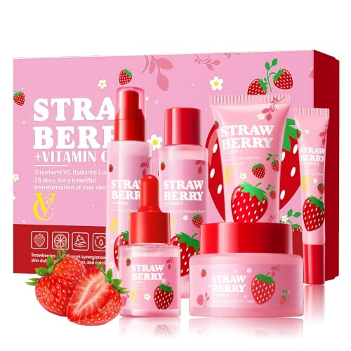 Strawberry VC Skin Care Set, Routine Beauty Skincare for Teen Girl- Spa Gift Set with Cleanser, Toner, Lotion,Eye Cream, Cream, Serum, Facial Skincare Gift Set for Girls, for All Skin Types (6PCS)