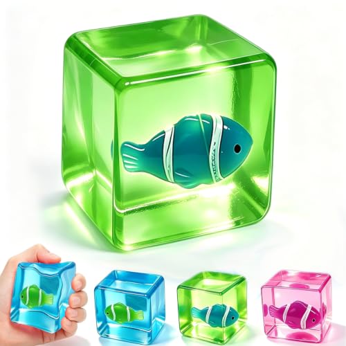 Stress Cube Fidget Toy for Adults – with Luminous Fish Inside (Clownfish, Narwhal, Manta Ray). Perfect for Daily Use,, White Elephant Exchanges. Palm-Sized and Satisfying to Squeeze.