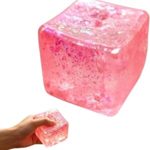 Stress Cube Squishy Toys,Relief High Density Ice Squeeze Ball, Ice Cubes Squishies for Anxiety Relief, Slow Rising Ice Cubes Stress Balls, Focus & Play (Pink-Glitter)