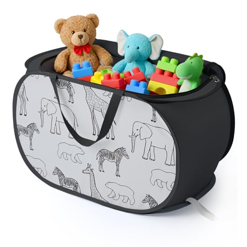 Stuffed Animal Storage Basket with Zipper Lid - Collapsible Toy Basket with Handles - Foldable, Lightweight Sturdy Fabric Animal Print Toy Basket Bin for Kids Room, Nursery, Playroom, Bedroom, Black