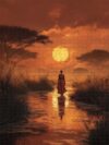 Stunning Sunset African Woman Walking in Red Dress Digital Oil Painting Style Wooden Jigsaw Puzzle 1000 Pieces for Adults Tall Grass Trees River Reflection Golden Sky Relaxing Hobby Gift Men Women