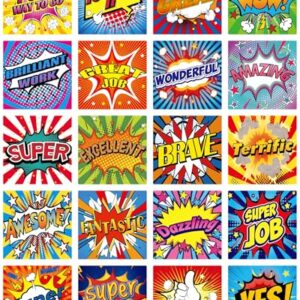 Stylish Reward Stickers for Kids - 400Pcs 1.3 Inch Superhero Motivational Teacher Stickers Inspirational Words Classroom Must Have for Stutents,Home Reward Chart and Behavior Chart (Comic Colorful)